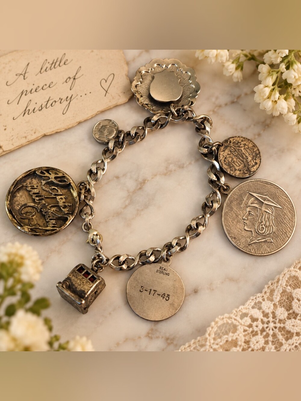 Vintage Sterling Silver Charm Bracelet 7Charms 925 Beau Sterling Family Heirloom